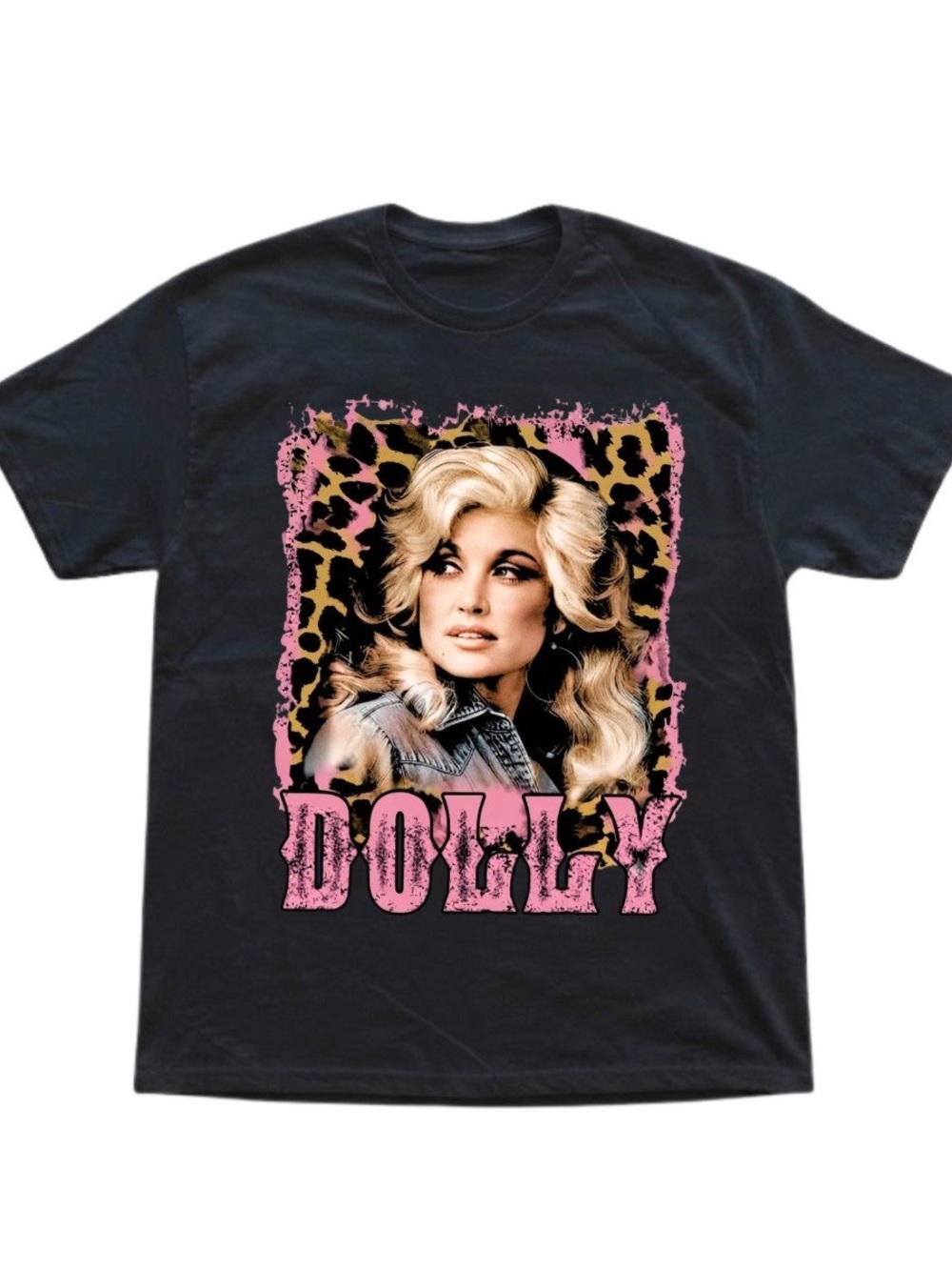 Dolly Parton Leopard Pink Graphic Print Black Gildan T-Shirt